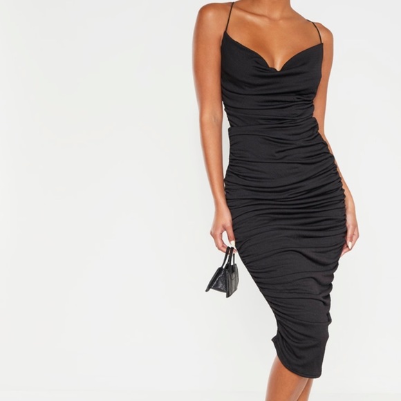 black crinkle texture ruched cowl neck midi dress Boston Proper - Black - Cowl Neck Hardware Detail Ruched Knit Sheath Dress